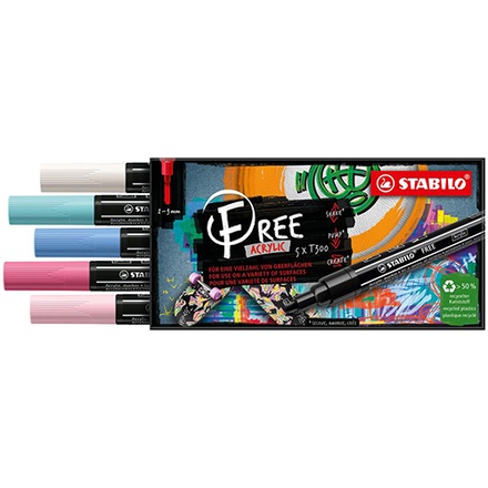 Papírenské zboží - Akrylový popisovač STABILO FREE Acrylic T300 Kulatý hrot 2-3 mm - Candy, sada 5 ks