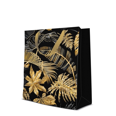 Papírenské zboží - Dárková taška premium střední - Gold Leaves 20x10x25 cm